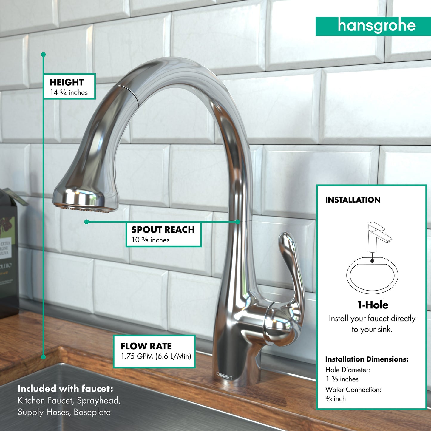 HANSGROHE 04066000 Chrome Allegro E Gourmet Modern Kitchen Faucet 1.75 GPM