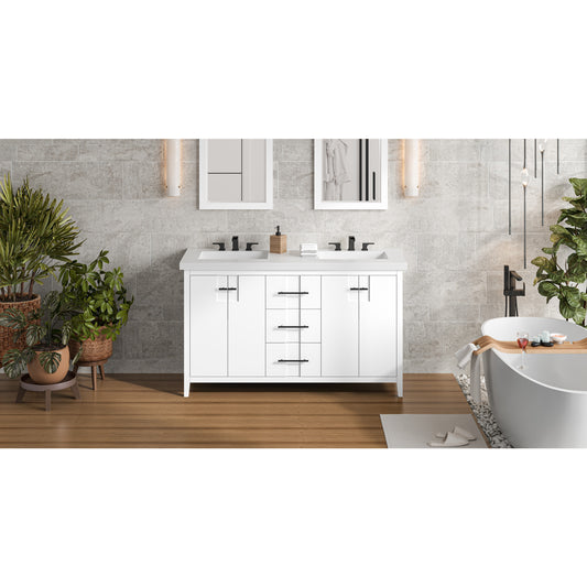 JEFFREY ALEXANDER VKITKAT60WHCQR 60" White Katara Vanity, double bowl, Calacatta Vienna Quartz Vanity Top, two undermount rectangle bowls , White