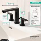 HANSGROHE 72530671 Rebris S Widespread Faucet 110 with Pop-Up Drain, 1.2 GPM - Matte Black