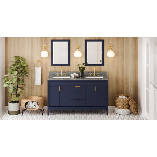 JEFFREY ALEXANDER VKITTHE60BLBOR 60" Hale Blue Theodora Vanity, double bowl, Boulder Cultured Marble Vanity Top, two undermount rectangle bowls , Hale Blue