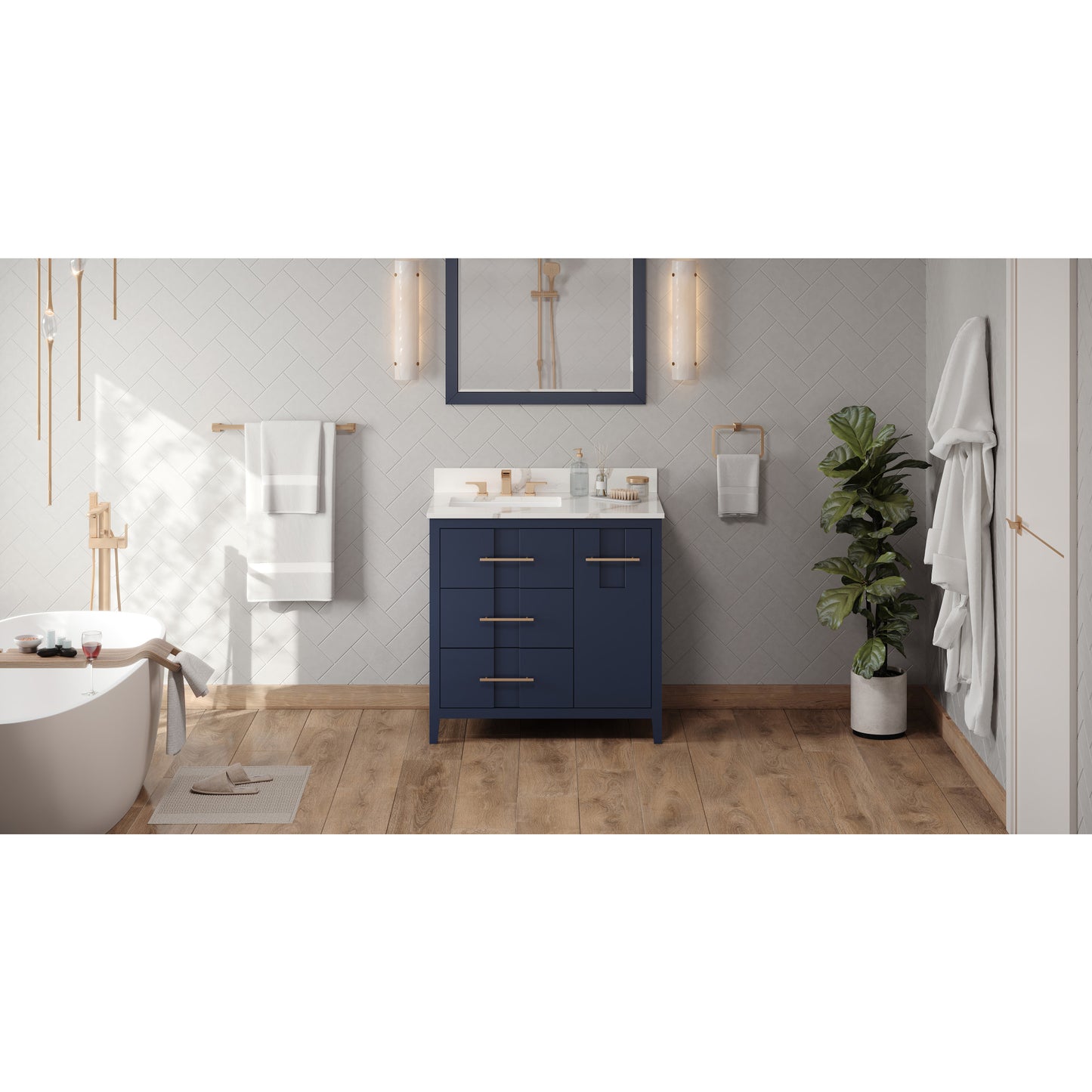 JEFFREY ALEXANDER VKITKAT36BLCQR 36" Hale Blue Katara Vanity, left offset, Calacatta Vienna Quartz Vanity Top, undermount rectangle bowl , Hale Blue