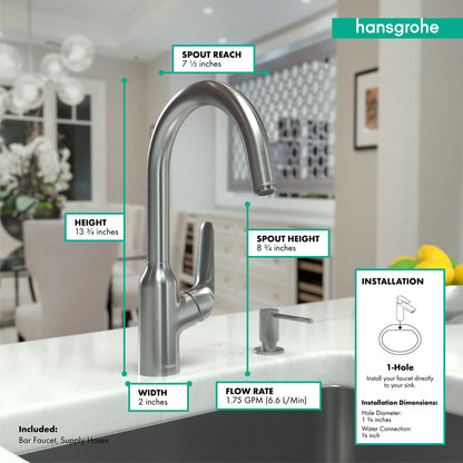 HANSGROHE 71802801 Stainless Steel Optic Focus N Modern Bar Faucet 1.75 GPM