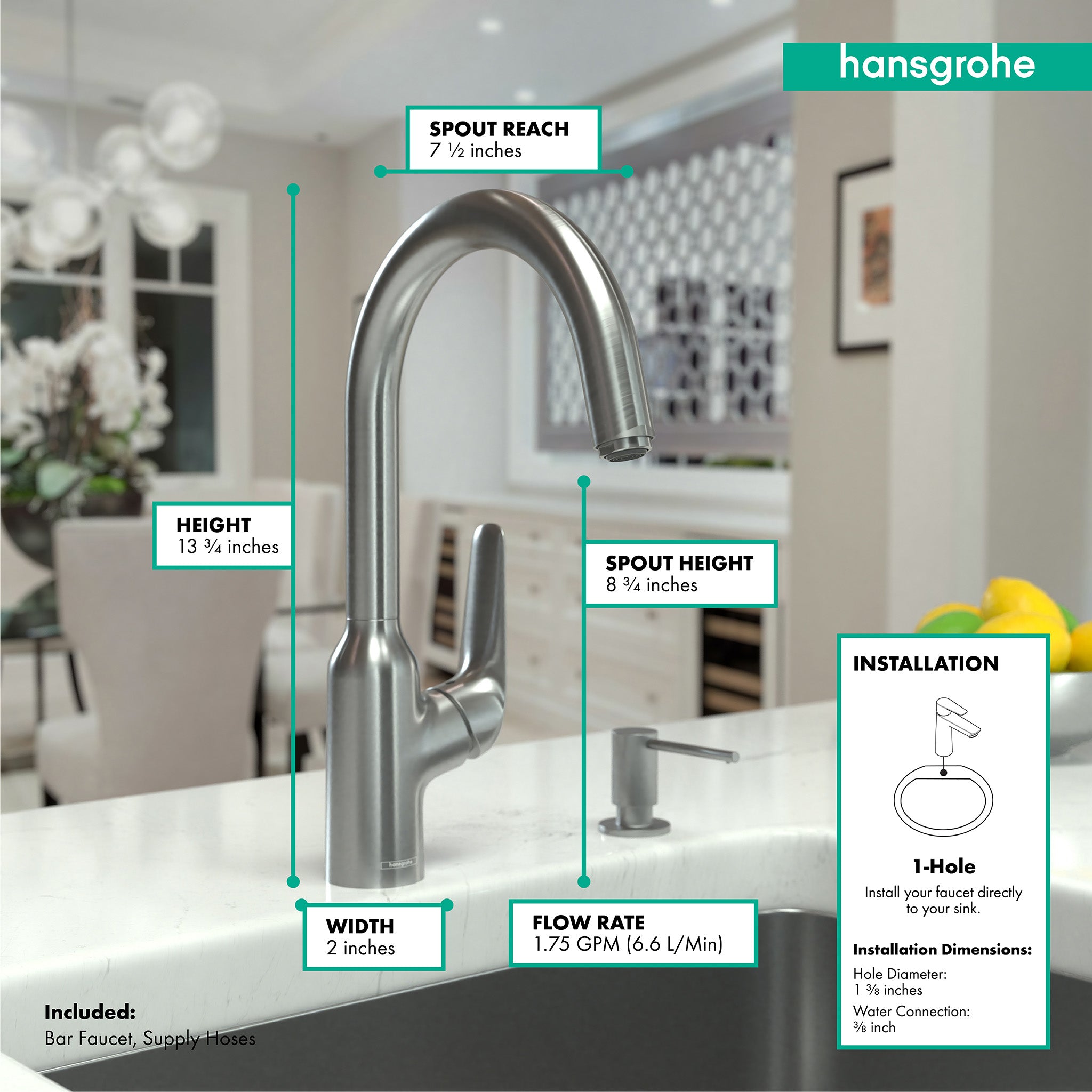 HANSGROHE 71802801 Focus N Bar Faucet, 1.75 GPM - Stainless Steel Optic