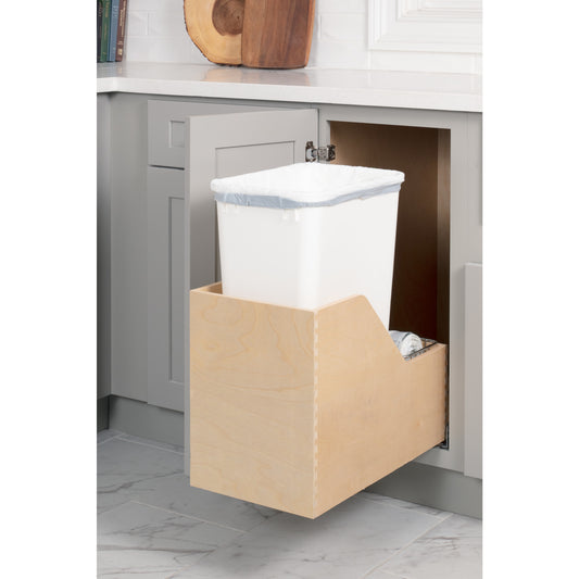 HARDWARE RESOURCES CAN-WBMS50WH Single 50 Quart Wood Bottom-Mount Soft-close Trashcan Rollout for Hinged Doors, Includes One White Can - White