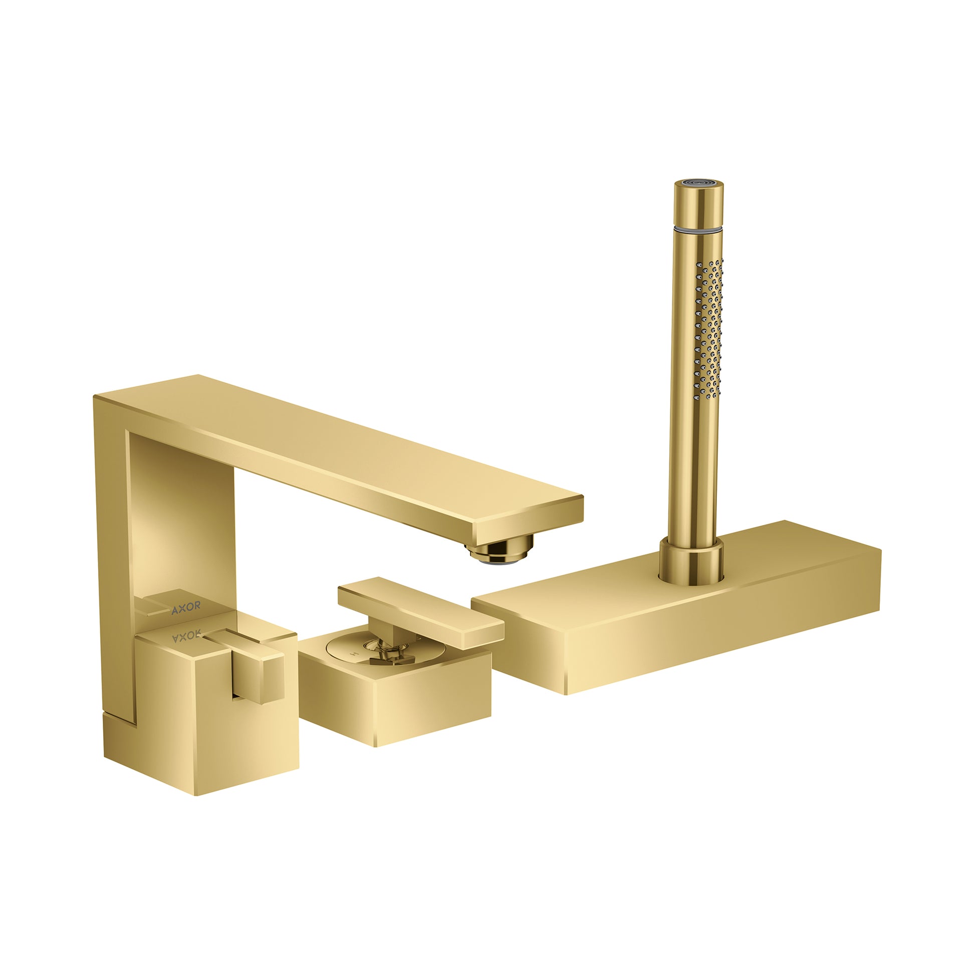 AXOR Edge 3-Hole Roman Tub Set Trim with 1.75 GPM Handshower in Polished Gold Optic
