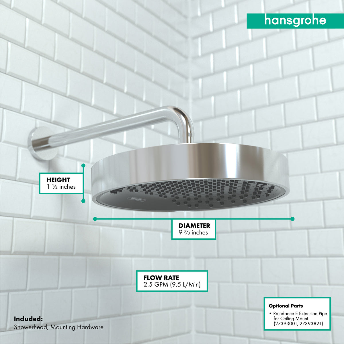 HANSGROHE 26228001 Rainfinity Showerhead 250 1-Jet, 2.5 GPM - Chrome