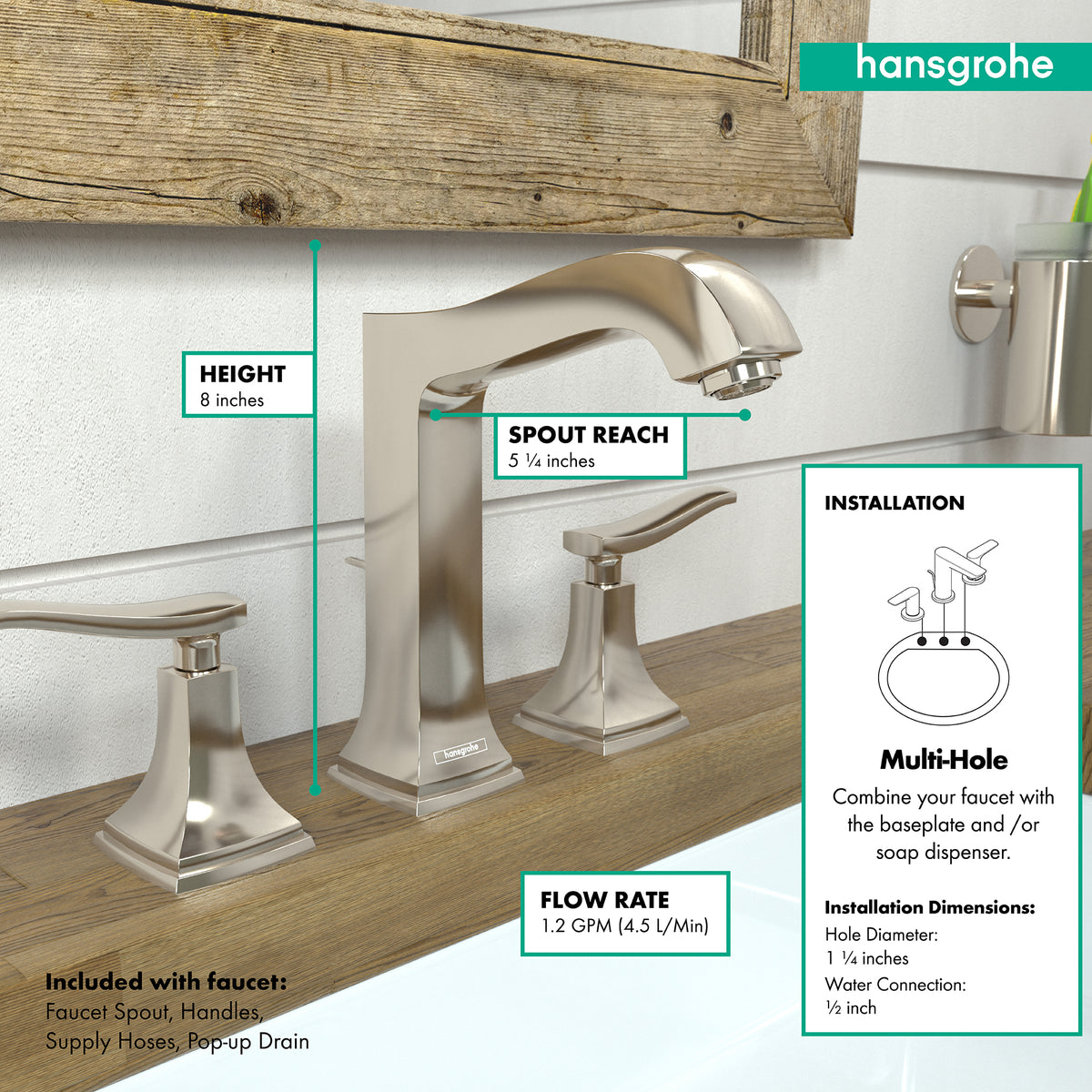 HANSGROHE 31331831 Metropol Classic Widespread Faucet 160 with Lever Handles and Pop-Up Drain, 1.2 GPM - Polished Nickel