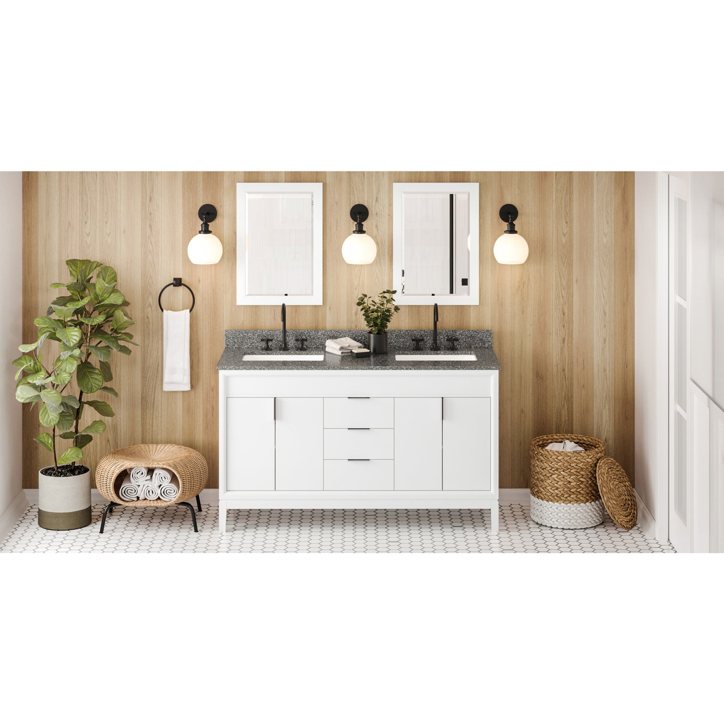 JEFFREY ALEXANDER VKITTHE60WHBOR 60" White Theodora Vanity, double bowl, Boulder Cultured Marble Vanity Top, two undermount rectangle bowls , White