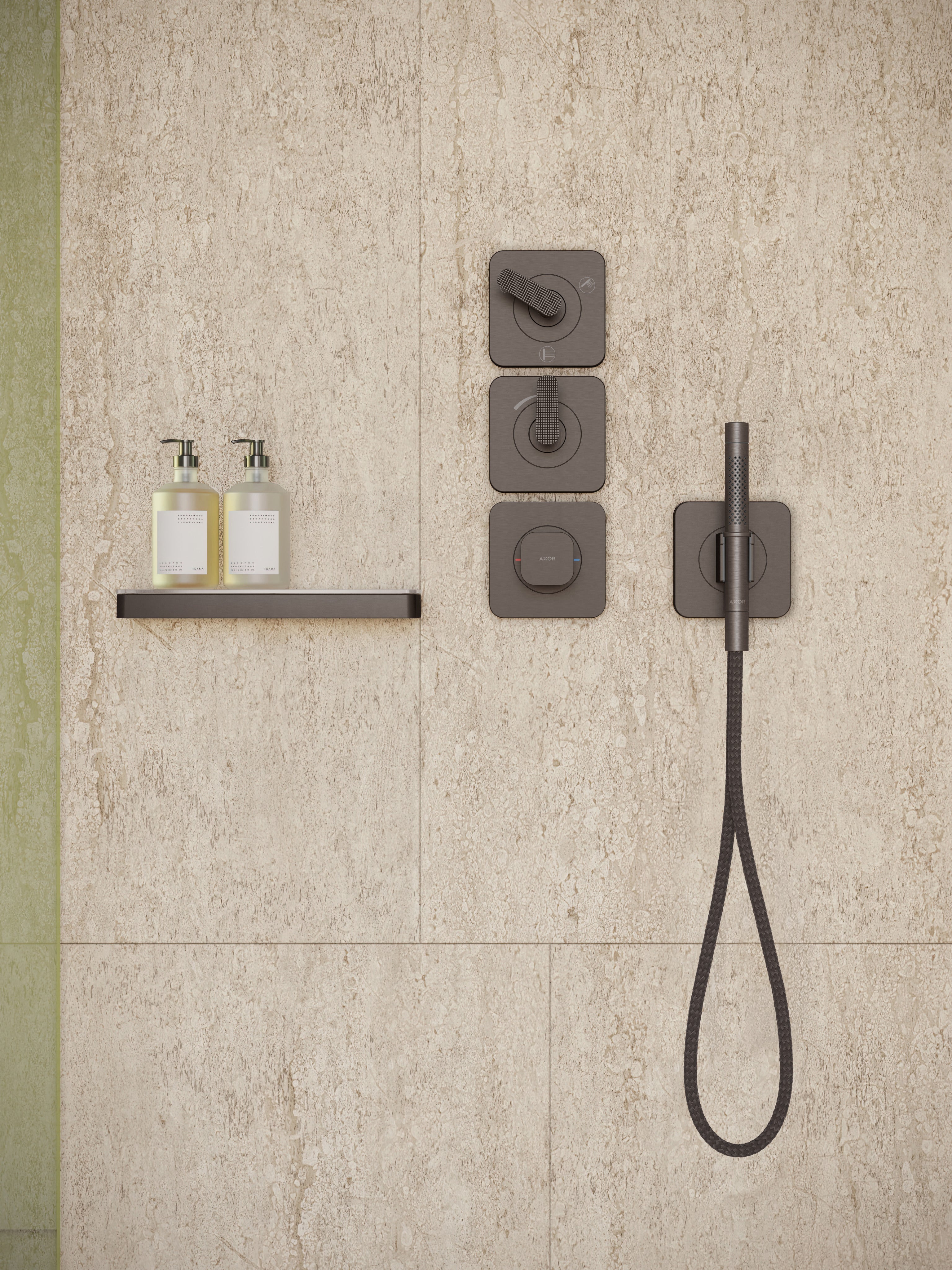 AXOR 49626341 Citterio C Handshower Holder Softsquare with Outlet 5"x5" with Handshower and Textile Hose, 2.5 GPM - Brushed Black Chrome
