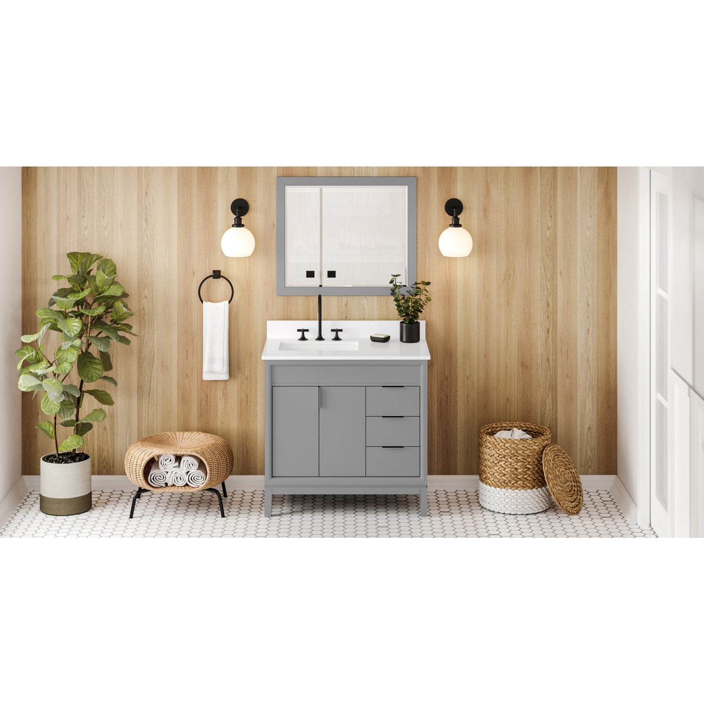 JEFFREY ALEXANDER VKITTHE36GRWQR 36" Grey Theodora Vanity, left offset, White Quartz Vanity Top, undermount rectangle bowl - Grey