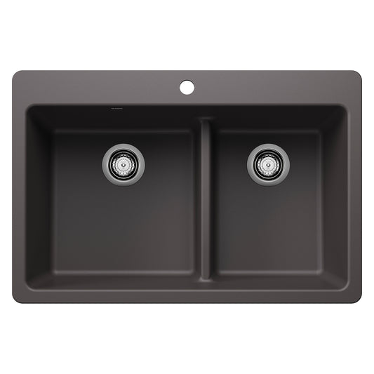 BLANCO 443212 Liven Liven SILGRANIT 33" 60/40 Double Bowl Dual Mount Kitchen Sink with Low Divide - Cinder in Cinder