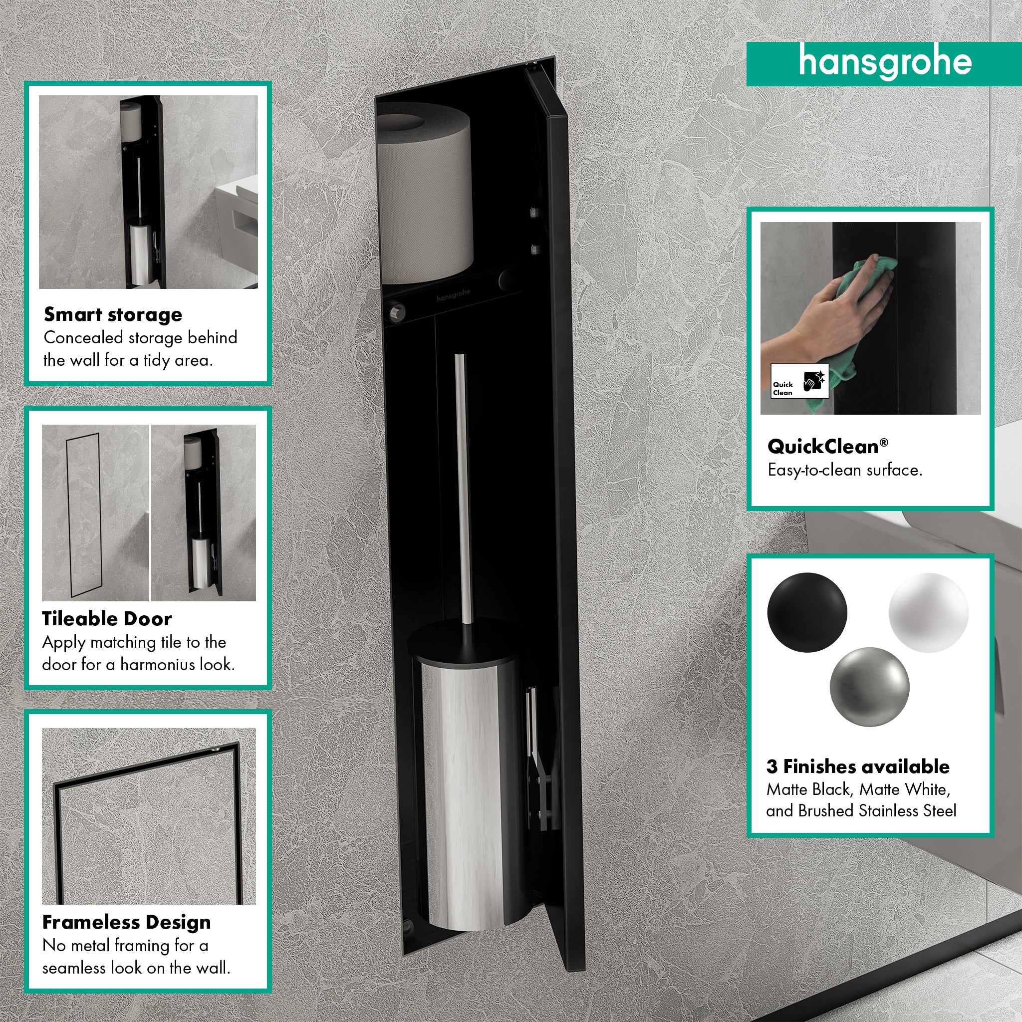 HANSGROHE 56060670 XtraStoris Rock Recessed Toilet Brush Holder with Shelf & Tileable Door - Matte Black