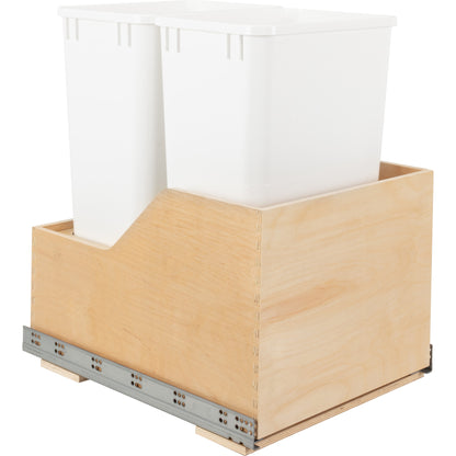 HARDWARE RESOURCES CAN-WBMD5018WH Double 50 Quart Wood Bottom-Mount Soft-close Trashcan Rollout for Hinged Doors, Includes Two White Cans - White