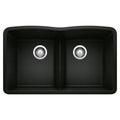 BLANCO 442914 Diamond Diamond SILGRANIT 32" 50/50 Double Bowl Undermount Kitchen Sink with Low Divide - Coal Black in Coal Black