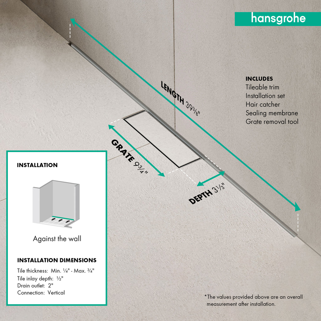 HANSGROHE 56222001 RainDrain Minimalistic Complete Set 2", 39 3/8" Trim and Installation Set - Brushed Stainless Steel