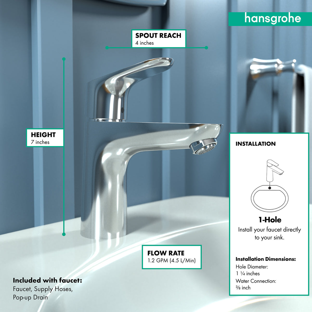 HANSGROHE 04371000 Focus Single-Hole Faucet 100 with Pop-Up Drain, 1.2 GPM - Chrome