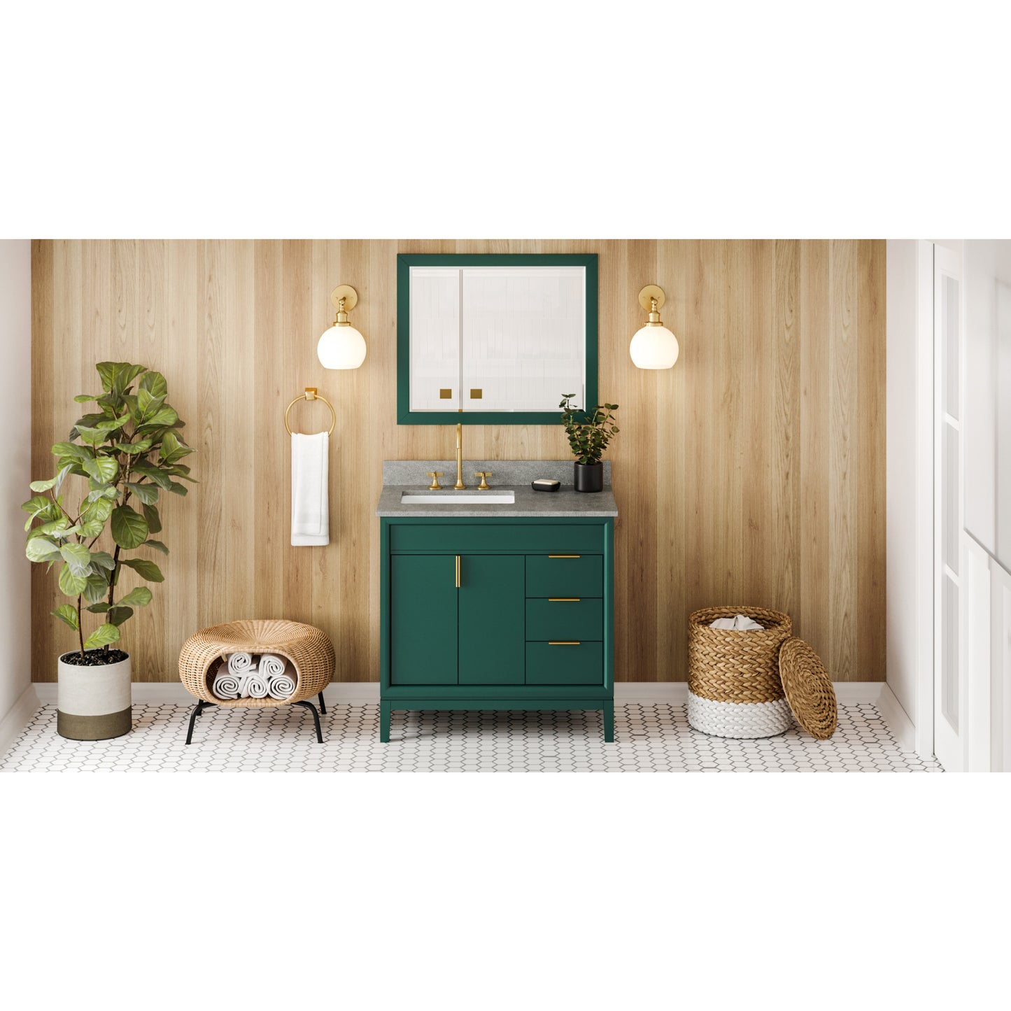 JEFFREY ALEXANDER VKITTHE36GNSGR 36" Forest Green Theodora Vanity, left offset, Steel Grey Cultured Marble Vanity Top, undermount rectangle bowl , Green