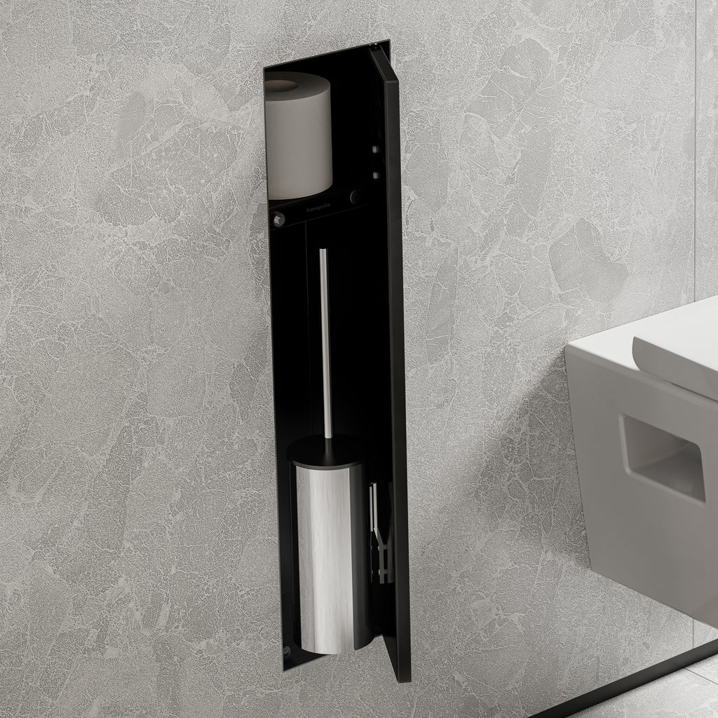 HANSGROHE 56060670 XtraStoris Rock Recessed Toilet Brush Holder with Shelf & Tileable Door - Matte Black