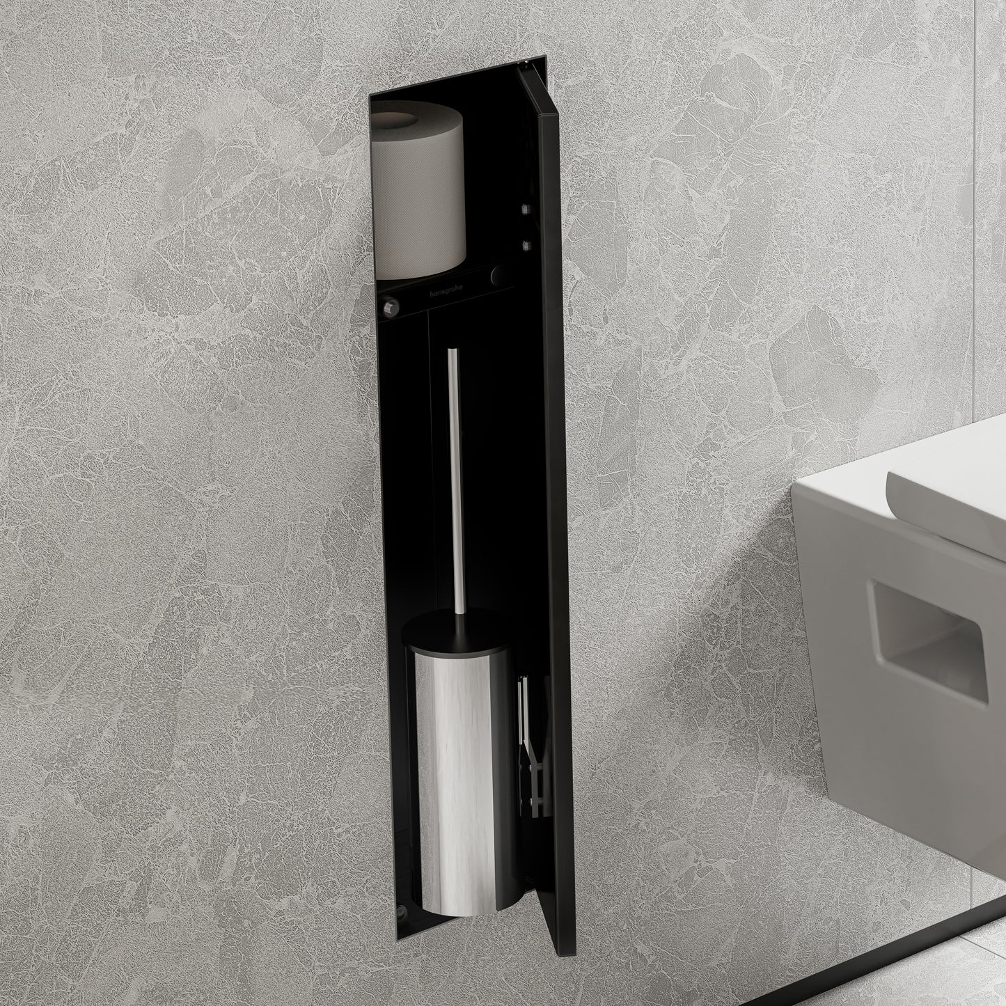 HANSGROHE 56060670 XtraStoris Rock Recessed Toilet Brush Holder with Shelf & Tileable Door - Matte Black