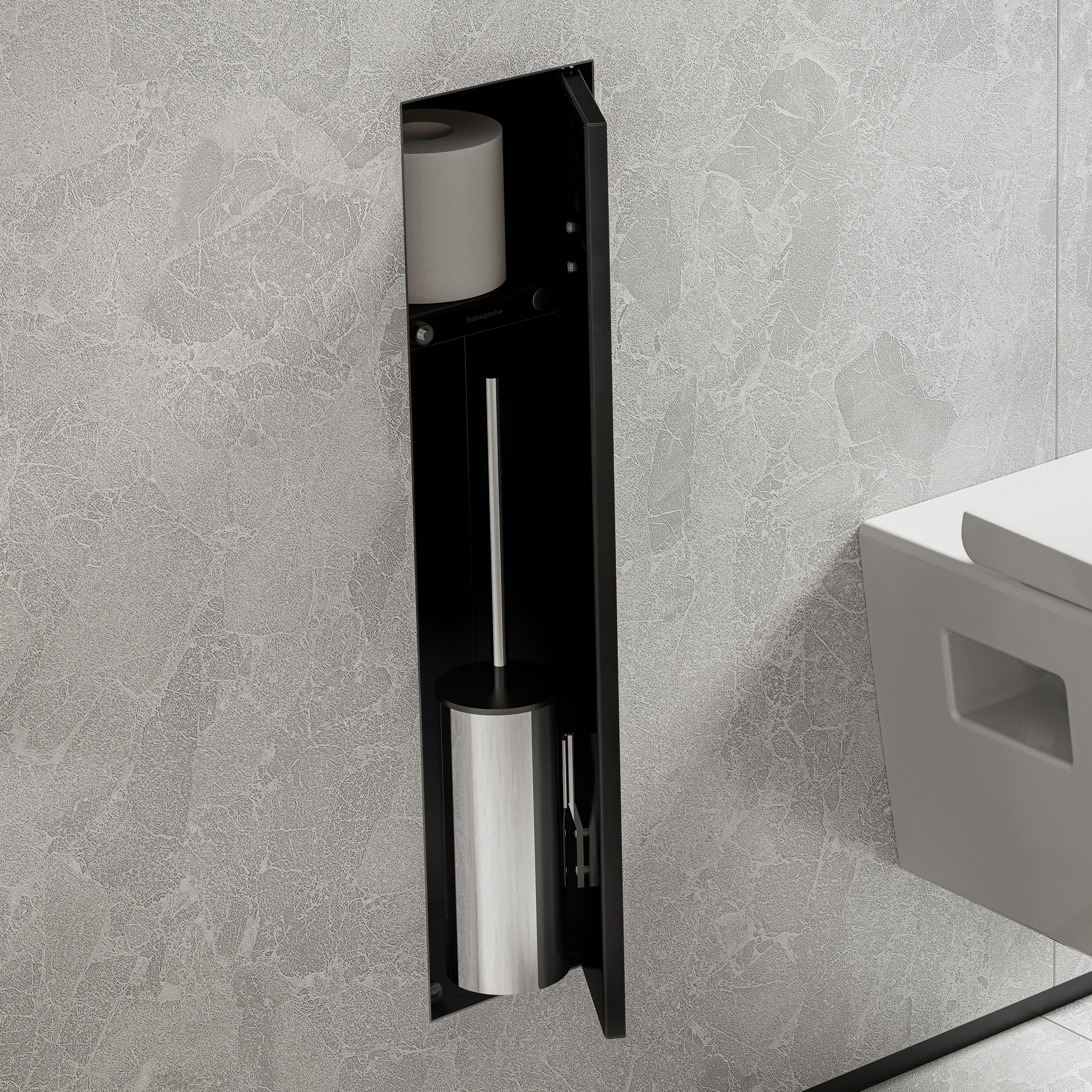 HANSGROHE 56060670 XtraStoris Rock Recessed Toilet Brush Holder with Shelf & Tileable Door - Matte Black