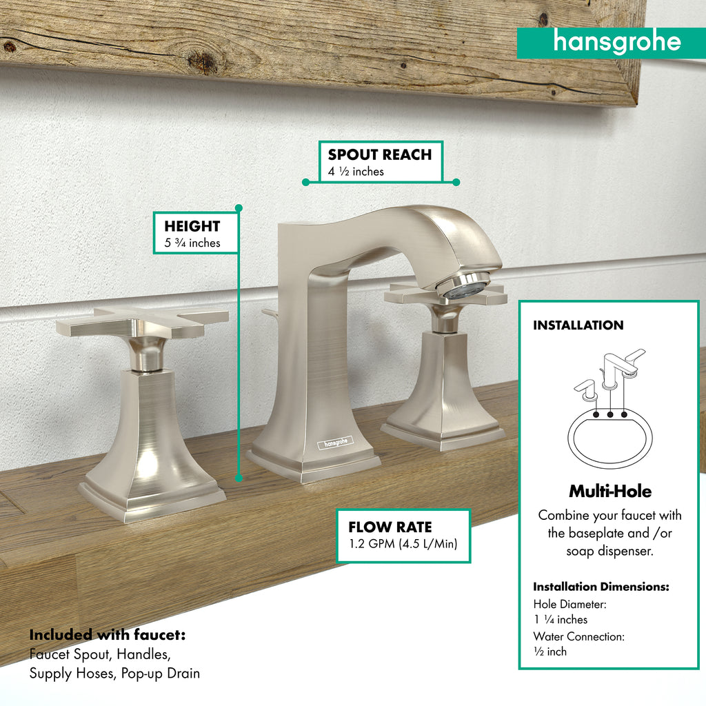 HANSGROHE 31306821 Metropol Classic Widespread Faucet 110 with Cross Handles and Pop-Up Drain, 1.2 GPM - Brushed Nickel