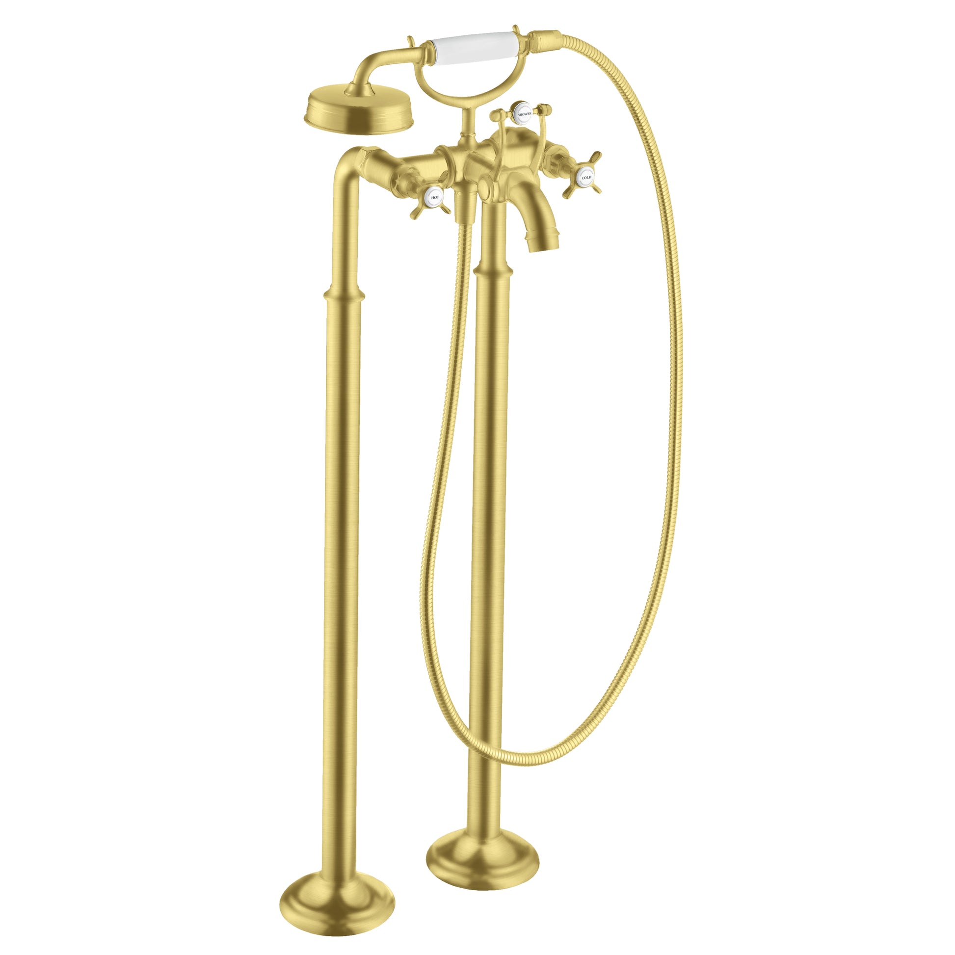 AXOR Montreux 2-Handle Freestanding Tub Filler Trim with Cross Handles and 1.8 GPM Handshower in Brushed Gold Optic