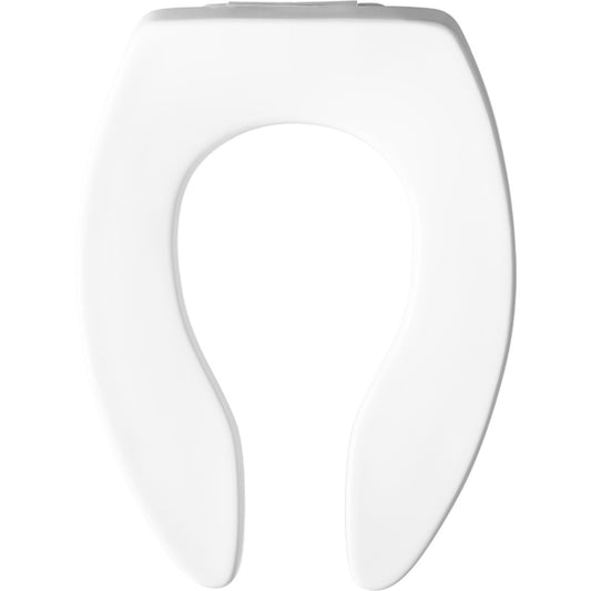 Olsonite Elongated Open Front Less Cover Commercial Plastic Toilet Seat in White with STA-TITE Commercial Fastening System Self-Sustaining Check Hinge