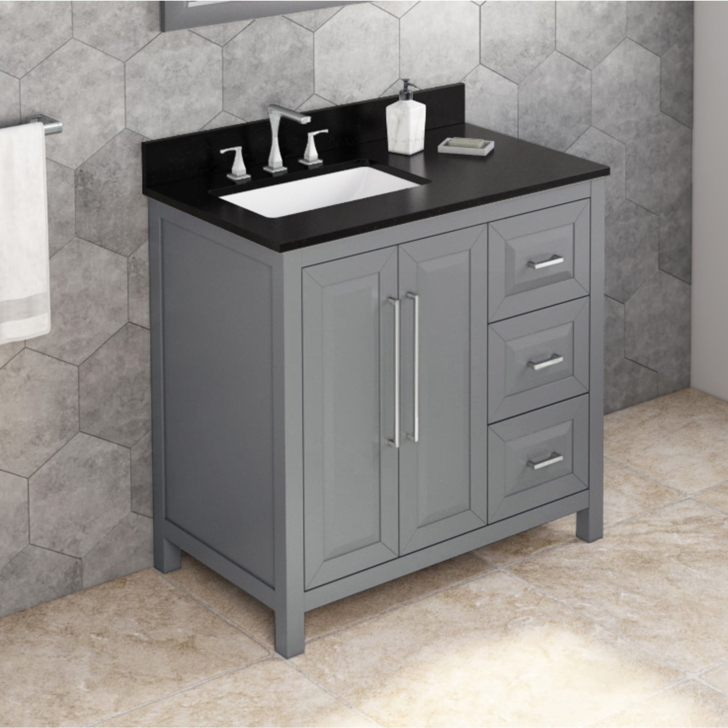 JEFFREY ALEXANDER VKITCAD36GRBGR 36" Grey Cade Vanity, left offset, Black Granite Vanity Top, undermount rectangle bowl - Grey