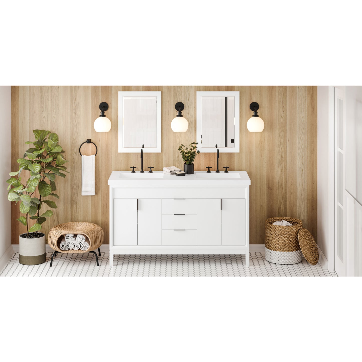 JEFFREY ALEXANDER VKITTHE60WHLAR 60" White Theodora Vanity, double bowl, Lavante Cultured Marble Vessel Vanity Top, double integrated rectangle bowls , White