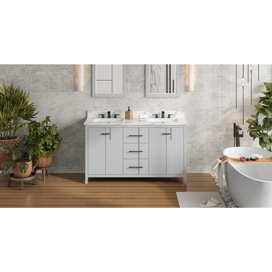 JEFFREY ALEXANDER VKITKAT60GRCQR 60" Grey Katara Vanity, double bowl, Calacatta Vienna Quartz Vanity Top, two undermount rectangle bowls , Grey