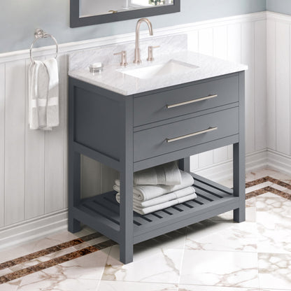 JEFFREY ALEXANDER VKITWAV36GRWCR 36" Grey Wavecrest Vanity, White Carrara Marble Vanity Top, undermount rectangle bowl - Grey