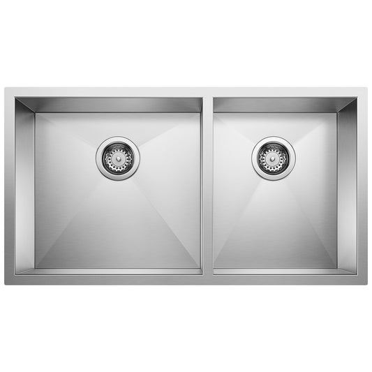 BLANCO 443054 Quatrus Quatrus R0 33" 60/40 Double Bowl Undermount Stainless Kitchen Sink in Satin Polish