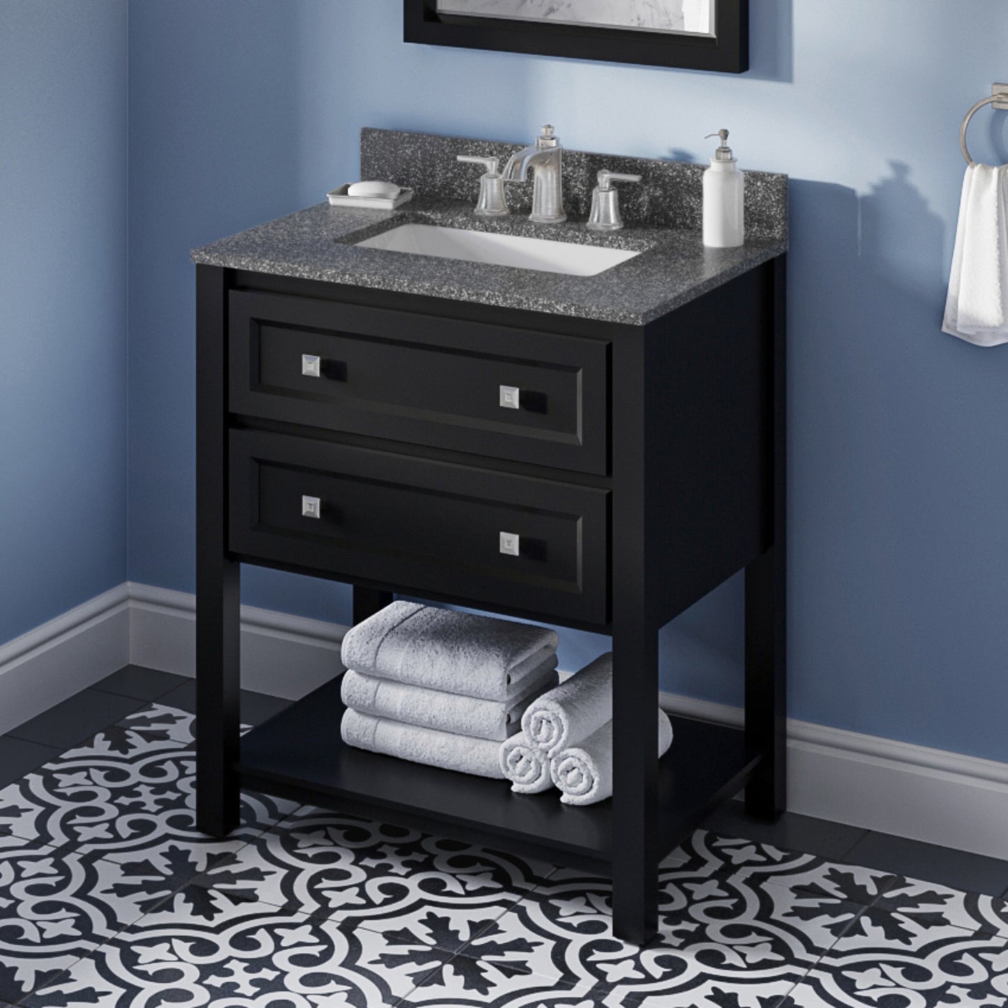 JEFFREY ALEXANDER VKITADL30BKBOR 30" Black Adler Vanity, Boulder Cultured Marble Vanity Top, undermount rectangle bowl - Black