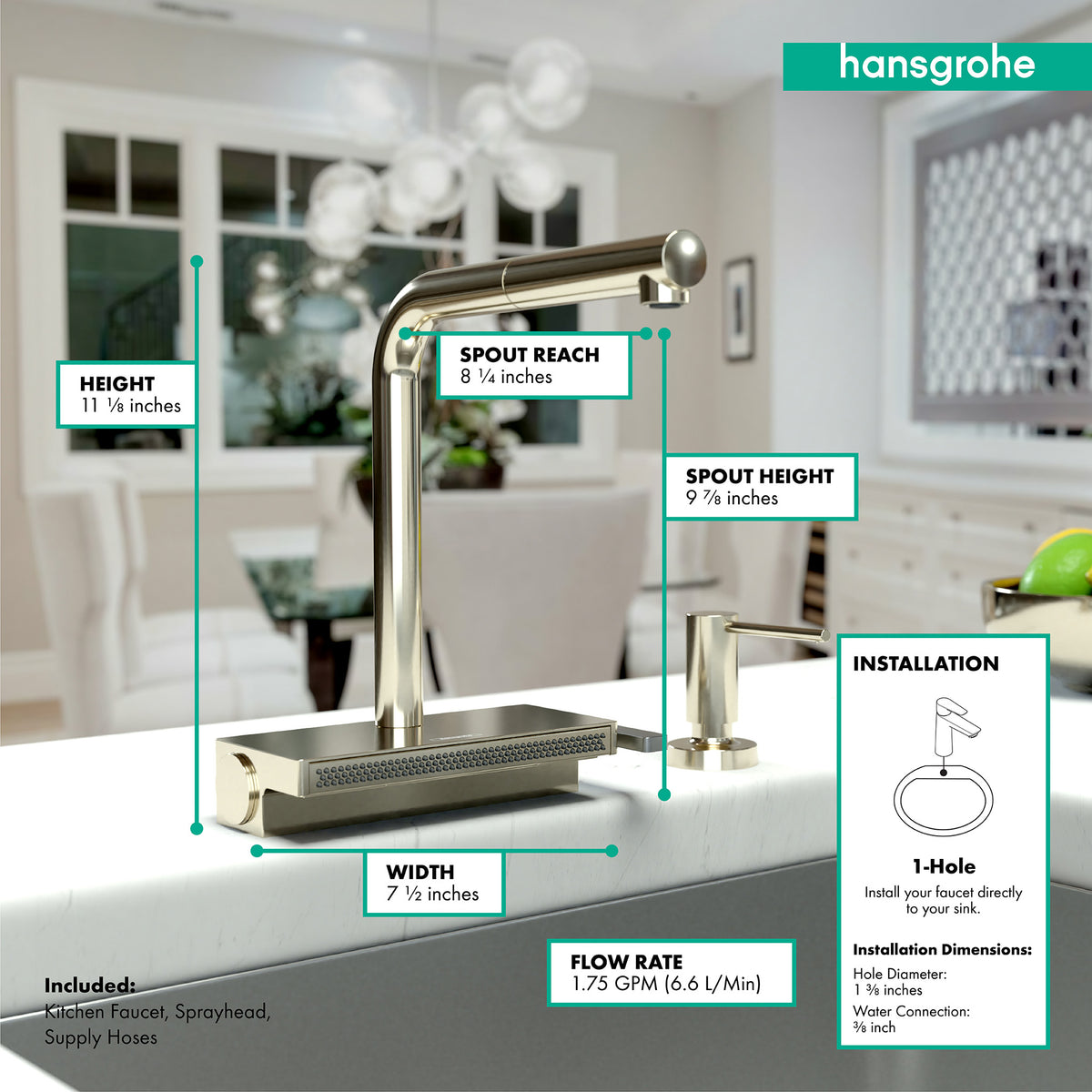HANSGROHE 73830831 Aquno Select Kitchen Faucet, 2-Spray Pull-Out with sBox, 1.75 GPM - Polished Nickel