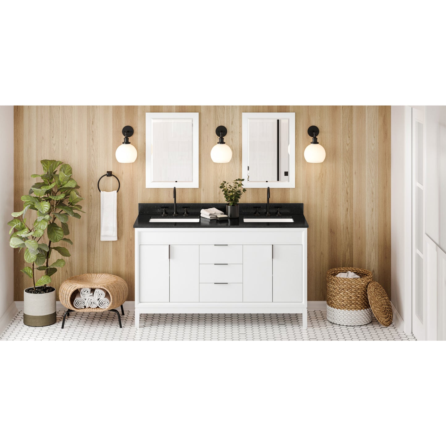 JEFFREY ALEXANDER VKITTHE60WHBGR 60" White Theodora Vanity, double bowl, Black Granite Vanity Top, two undermount rectangle bowls , White