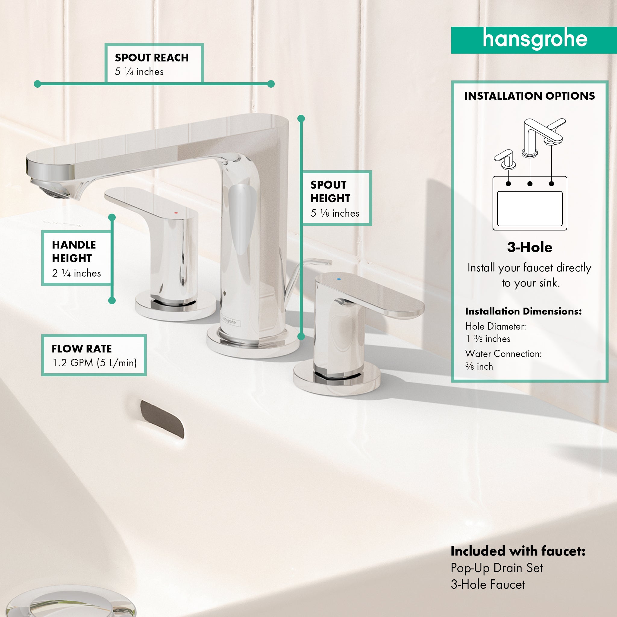 HANSGROHE 72530001 Rebris S Widespread Faucet 110 with Pop-Up Drain, 1.2 GPM - Chrome