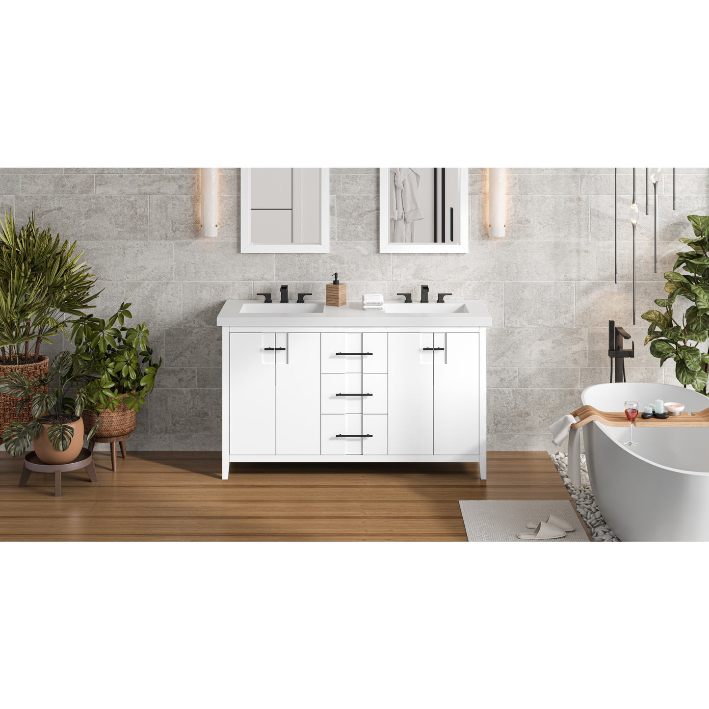 JEFFREY ALEXANDER VKITKAT60WHLAR 60" White Katara Vanity, double bowl, Lavante Cultured Marble Vessel Vanity Top, double integrated rectangle bowls , White