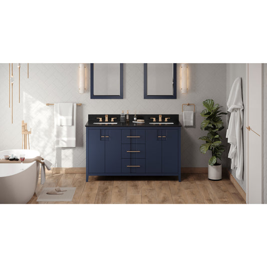 JEFFREY ALEXANDER VKITKAT60BLBGR 60" Hale Blue Katara Vanity, double bowl, Black Granite Vanity Top, two undermount rectangle bowls , Hale Blue