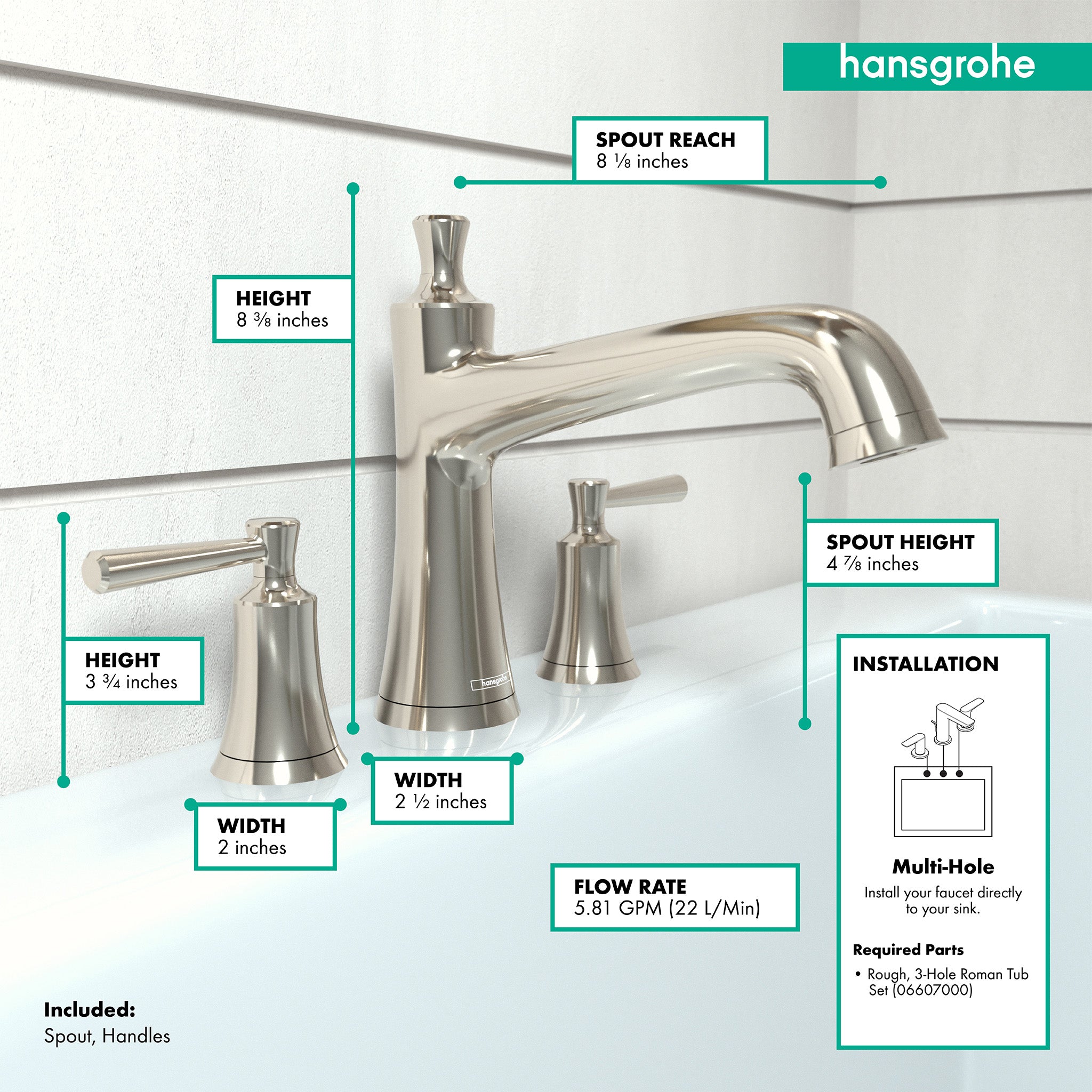 HANSGROHE 04776830 Joleena 3-Hole Roman Tub Set Trim - Polished Nickel