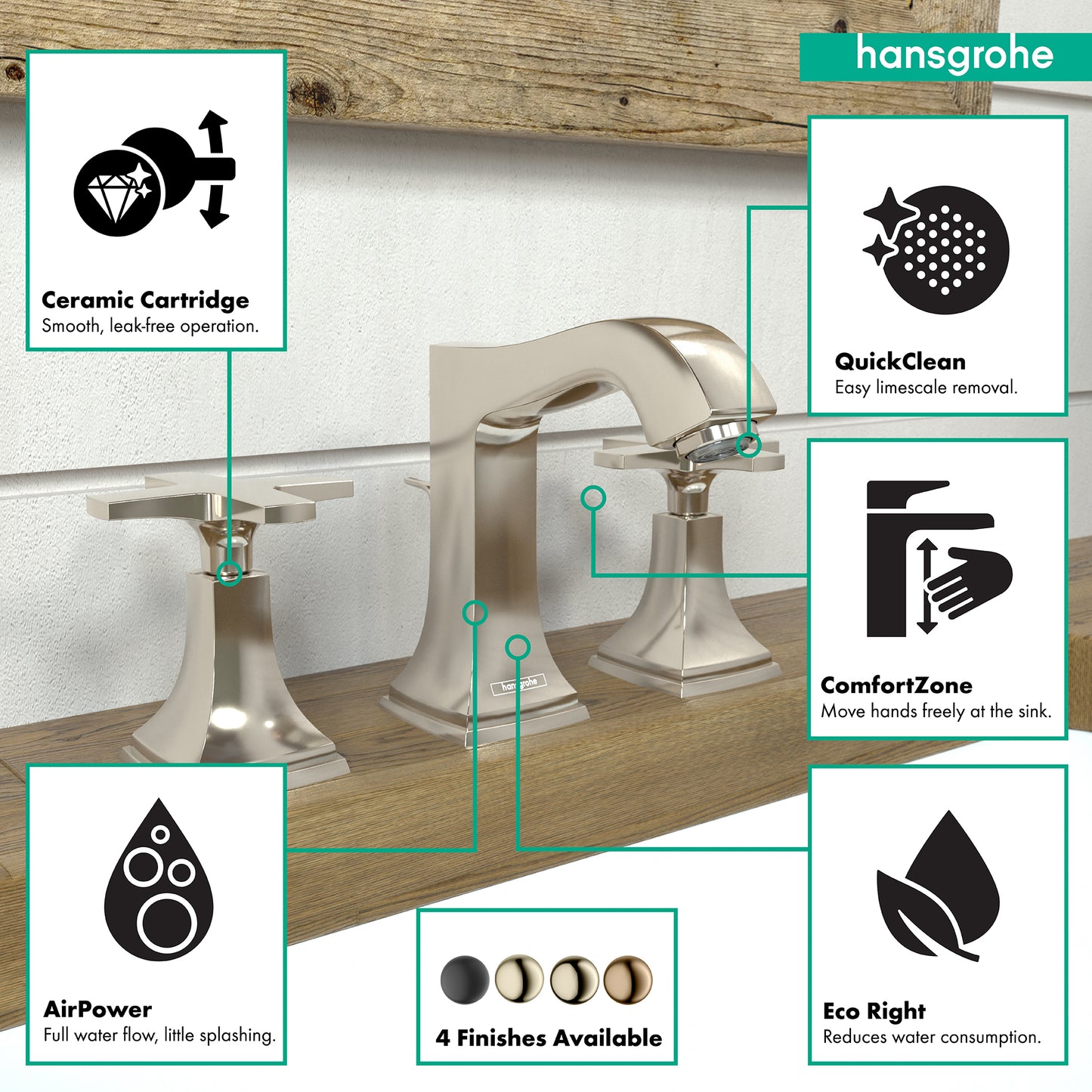 HANSGROHE 31306831 Metropol Classic Widespread Faucet 110 with Cross Handles and Pop-Up Drain, 1.2 GPM - Polished Nickel