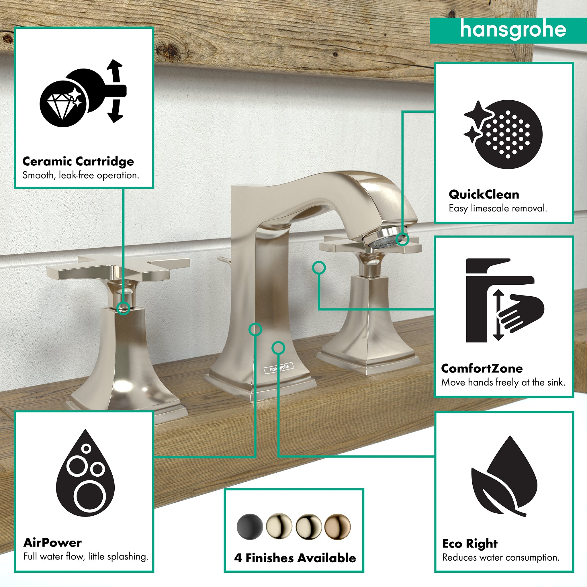 HANSGROHE 31306831 Metropol Classic Widespread Faucet 110 with Cross Handles and Pop-Up Drain, 1.2 GPM - Polished Nickel