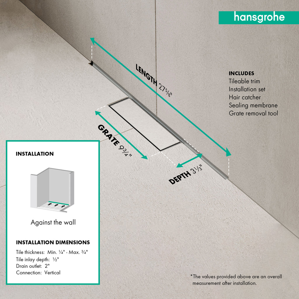 HANSGROHE 56219001 RainDrain Minimalistic Complete Set 2", 27 5/8" Trim and Installation Set - Brushed Stainless Steel