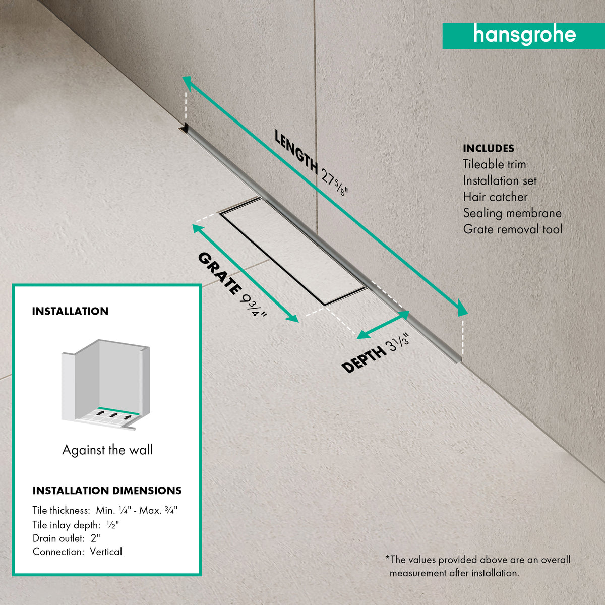 HANSGROHE 56219001 RainDrain Minimalistic Complete Set 2", 27 5/8" Trim and Installation Set - Brushed Stainless Steel