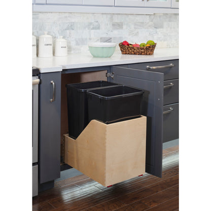 HARDWARE RESOURCES CAN-WBMD50B Double 50 Quart Wood Bottom-Mount Soft-close Trashcan Rollout for Hinged Doors, Includes Two Black Cans - Black