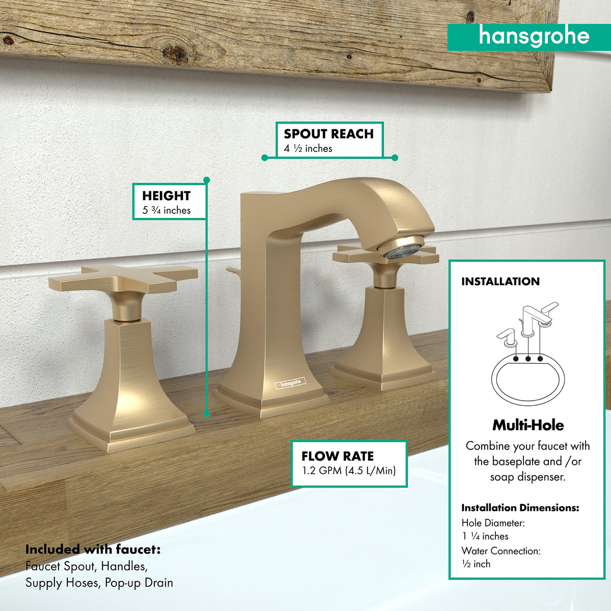 HANSGROHE 31306141 Metropol Classic Widespread Faucet 110 with Cross Handles and Pop-Up Drain, 1.2 GPM - Brushed Bronze