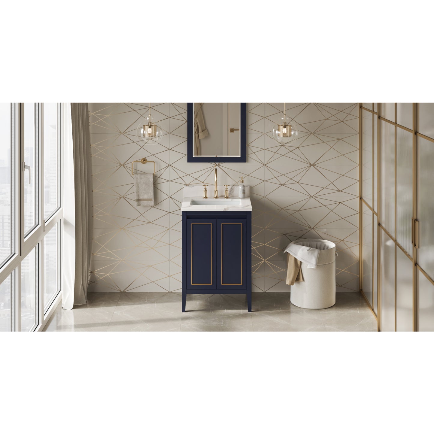 JEFFREY ALEXANDER VKITPER24BLCQR 24" Hale Blue Percival Vanity, Calacatta Vienna Quartz Vanity Top, undermount rectangle bowl , Hale Blue