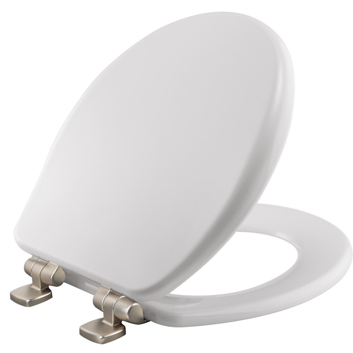 Bemis Alesio Round High Density Enameled Wood Toilet Seat in White with STA-TITE Seat Fastening System, Whisper•Close, Precision Seat Fit Adjustable Brushed Nickel Hinge and Super Grip Bumpers