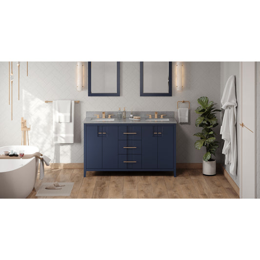 JEFFREY ALEXANDER VKITKAT60BLSGR 60" Hale Blue Katara Vanity, double bowl, Steel Grey Cultured Marble Vanity Top, two undermount rectangle bowls , Hale Blue