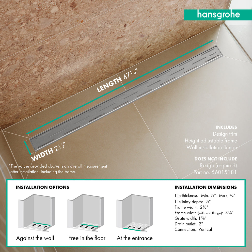 HANSGROHE 56126801 RainDrain Match Classic Trim Classic 47 1/4" with Height Adjustable Frame - Brushed Stainless Steel