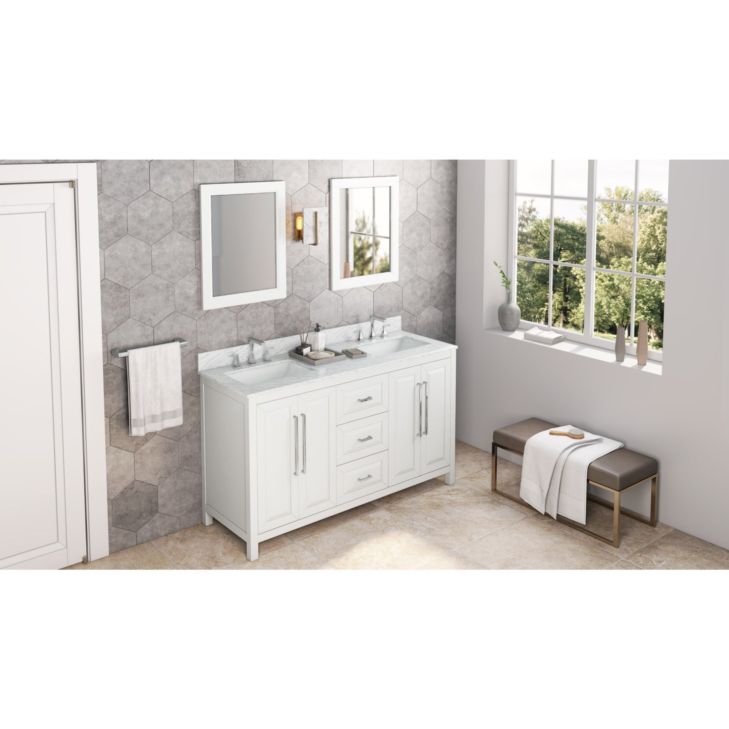 JEFFREY ALEXANDER VN2CAD-60-WH-NT 60" White Cade Vanity, double bowl - White